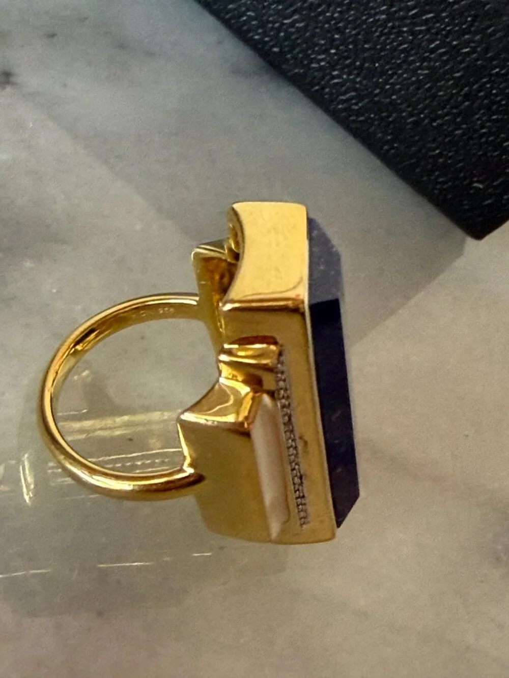 NIB WOW Art Deco Lapis & White Topaz Enamel in 18kt Gold Over Sterling - 5 -5.25